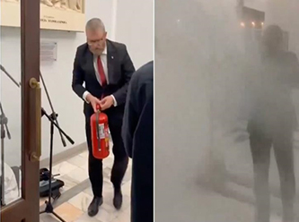 Mecliste sıra dışı anlar...Vekil, yangın tüpüyle saldırdı
