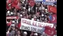 Erdoğan'ın mitinginde açılan 'İsrail ile ticaret utancı sonlandırılsın' pankartı kaldırıldı